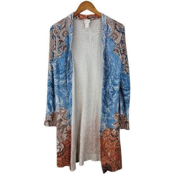 Chicos Size 1 Medium Open Front Drape Cardigan Sweater Paisley Blue orange - Picture 2 of 7